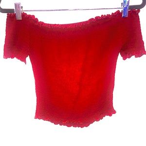 Off the shoulder red cropped shirt